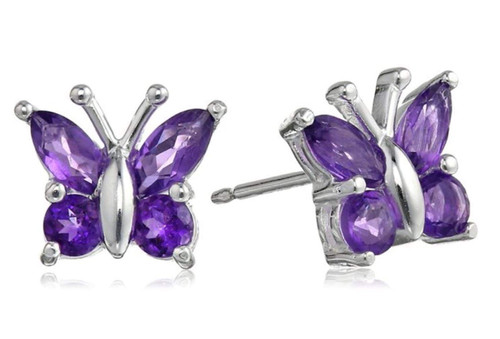 1 Pair Adabele Real 925 Sterling Silver Butterfly Stud Earrings Amethyst Purple CZ Stone Ear Studs Birthday Mother Gift SSE23