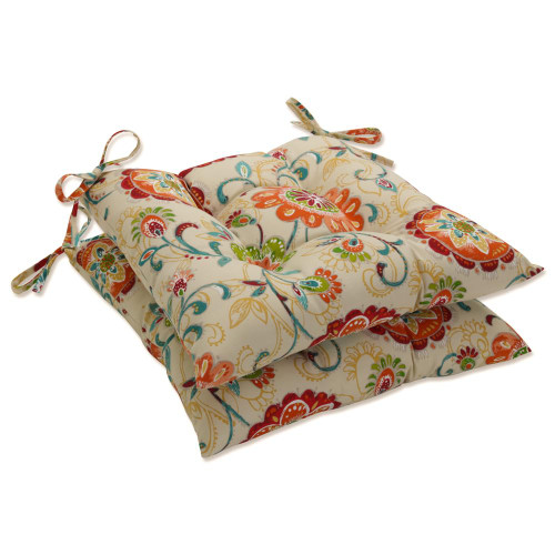 Pillow Perfect Bright Floral Indoor/Outdoor Chair Seat Cushion with Ties, Tufted, Weather, and Fade Resistant, 18.5" x 19", Tan Fanfare, 2 Count