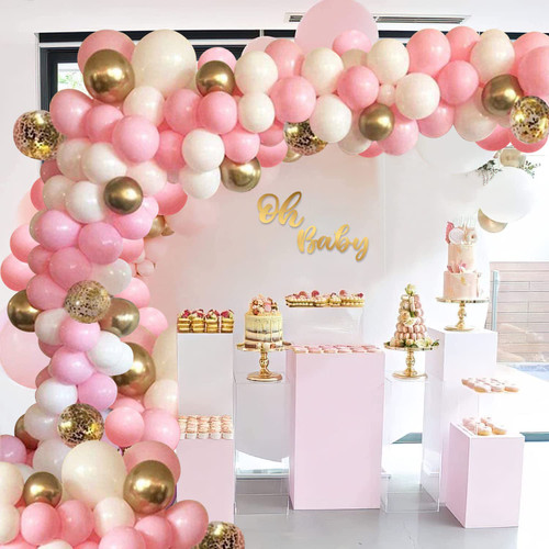 Pink Balloons Garland Arch Kit, Pink White Gold Balloons Confetti Gold Birthday Party Balloons for Baby Shower, Birthday, Bridal Shower, Anniversary Party, Wedding
