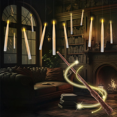 Samoyee 12Pcs Halloween Floating Flickering Candles with Magic Wand Remote Adhesive Hooks, Battery Operated Flameless Taper Candles Hanging Electric LED Candles for Halloween Decorations