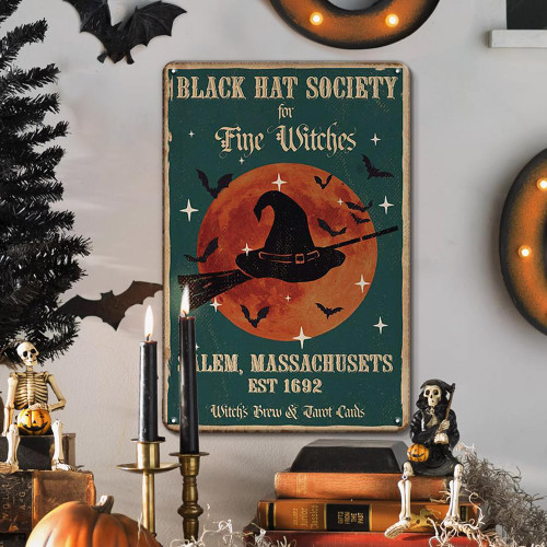 Witch Decor Vintage Wall Poster Halloween Decorations, Black Hat Society Witches Vintage Metal Sign, Halloween Indoor Decor, 8 x 12 Inches Halloween Decor Retro Tin Sign Witch Gift, Halloween Signs for Outdoor Indoor