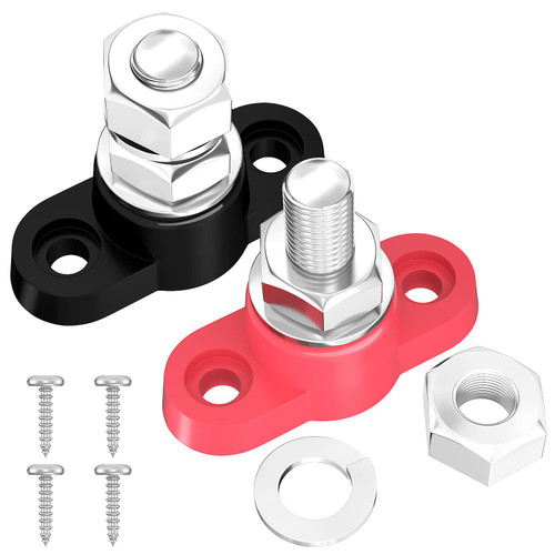 Joinfworld 3/8" 12V Battery Junction Block, M10 Insulated Power and Ground Battery Junction Post, Single Stud Power Distribution Block Terminal Post Bus Bar Positive&Negative
