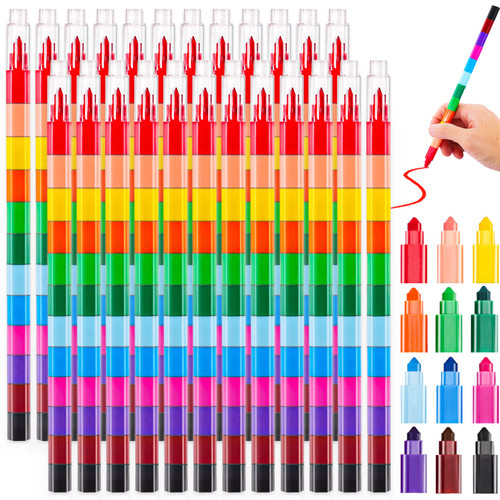 Loppdece 24 Pieces Stacking Crayons,Buildable Crayons,Colorful Stackable Crayons for Drawing Coloring,Stacking DIY Crayons,Rainbow Crayon Party Favors for Classroom Office School Supplies,12 Colors