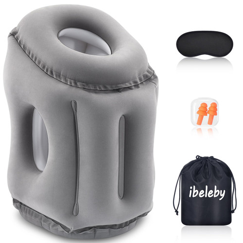 Inflatable Travel Pillow, Airplane Neck Pillow for Airplane to Avoid Neck and Shoulder Pain, Supports Head for Airplanes, Trains, Cars and Office Napping with Eye Mask, Earplugs and Drawstring Bag