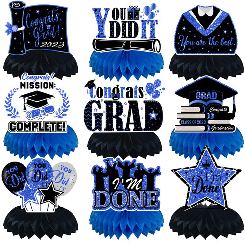 9PCS 2023 Graduation Table Decorations Congrats Grad Honeycomb Graduation Party Table Centerpieces for Class of 2023 Congratulate Graduation Table Toppers for Graduation Party Supplies (Blue)