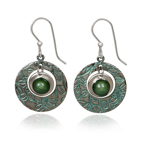 Silver Forest Jade Stone in Silver Textured Round Earrings. NE-1873