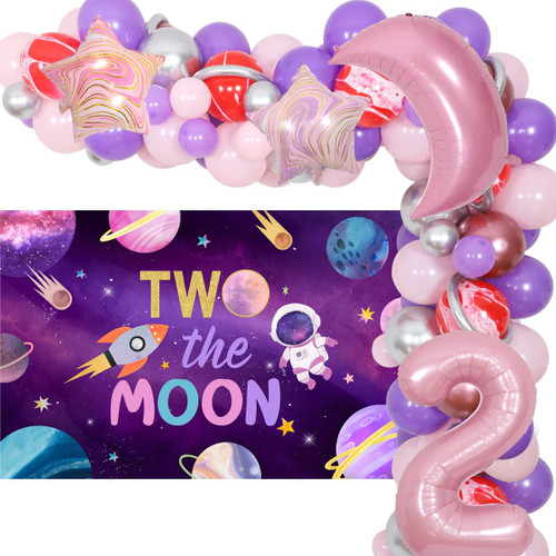 Two the Moon Balloon Arch Garland Kit Pink Purple 2nd Outer Space Theme Birthday Party Decorations Girl with Two the Moon Backdrop Moon Star Foil Balloon for Outer Space 2nd Birthday Party Decoration