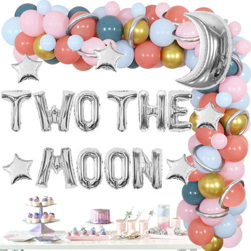 Outer Space Theme 2nd Birthday Decorations Girl Two the Moon Blue Pink Gold Balloon Garland with Star Moon Galaxy Foil Balloon for Girl Space Astronaut 2nd Birthday Party