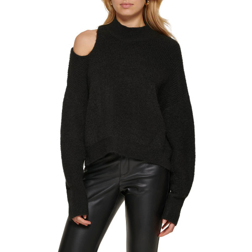 DKNY Women's Cold-Shoulder Ribbed Long Sleeve Sweater, Black, X-Large