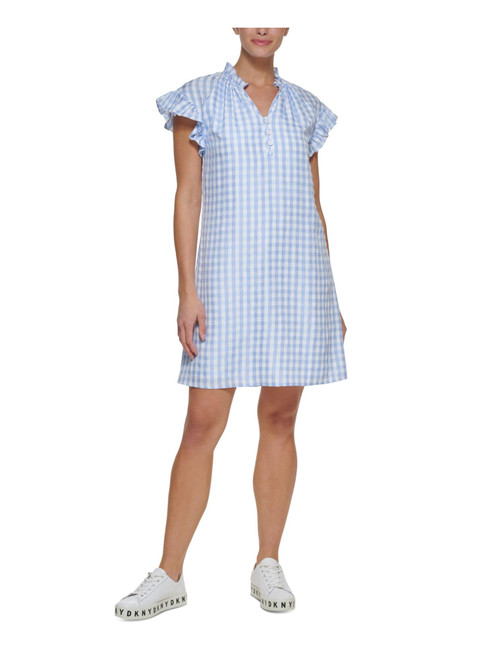 DKNY Womens Checkered V-Neck Shift Dress Blue 16