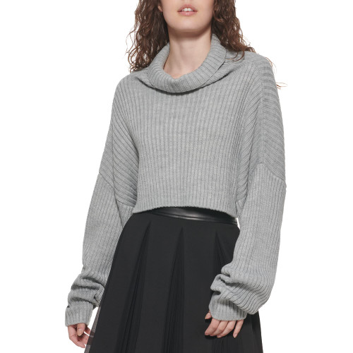 DKNY Women's Turtleneck All-Day Comfort Cropped Sportswear Sweater, Frost Grey, Small