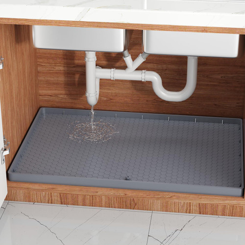 Doitsf Under Sink Mat, 28" x 22" Under Sink Mats for Kitchen Waterproof, Flexible Silicone Under Sink Liner Drip Tray with Drain Hole, Kitchen Bathroom Cabinet Protector Mats for Drips Leaks Spills
