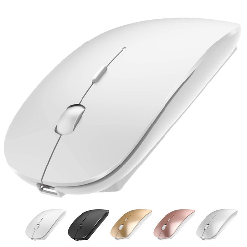 QIJIAYI Wireless Mouse, Slim Rechargeable Wireless Silent Mouse, 2.4G Portable USB Wireless Computer Mice with USB Receiver and Type C Adapter for Laptop/PC/Mac/iPad pro/Computer (White)