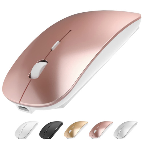 QIJIAYI Wireless Mouse, Slim Rechargeable Wireless Silent Mouse, 2.4G Portable USB Wireless Computer Mice with USB Receiver and Type C Adapter for Laptop/PC/Mac/iPad pro/Computer (Rose Gold)