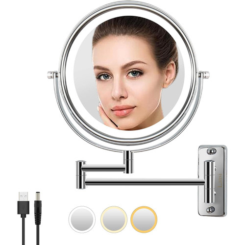 LANSI Rechargeable Wall Mounted Lighted Makeup Vanity Mirror, Vanity Mirror with 3 Color Lights, Dimmable Touch Screen, 8 Inch LED Double Sided 1X/10X Magnifying Bathroom Shaving Mirror(Chrome) LANSI Rechargeable Wall Mounted Lighted Makeup Vanity Mirror, Vanity Mirror with 3 Color Lights, Dimmable Touch Screen, 8 Inch LED Double Sided 1X/10X Magnifying Bathroom Shaving Mirror(Chrome)