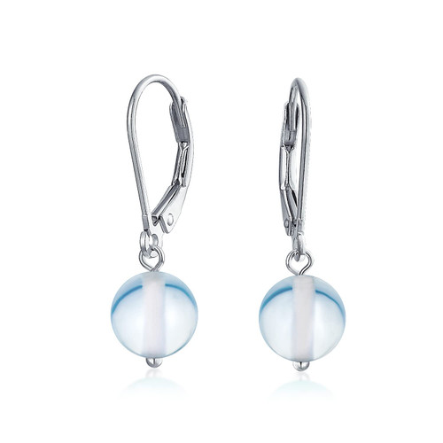 Simple Plain Translucent Chalcedony Gemstone Round Dangle Lever back Ball Drop Earrings For Women .925 Sterling Silver