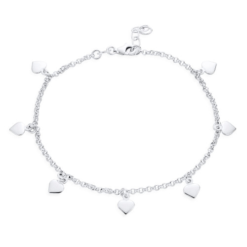 Romantic Love Multi Dangling 7 Hearts Charms Anklet Ankle Bracelet For Women .925 Sterling Silver Adjustable 9 To 10 Inch With Extender