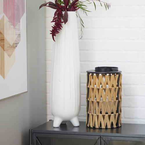 Deco 79 Plastic Rattan Pillar Candle Lantern, 7" x 7" x 17", Brown