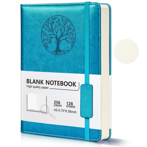 Blank Journal Notebook for Women Men, A5 Unlined Journal for Writing Sketchbook, Hardcover Leather Unruled Jouranl Notebook for Work with 256Pages Thick Paper for Writing, Drawing, Sketching and Journaling,Travel( 5.75'' X 8.38'' Blue)