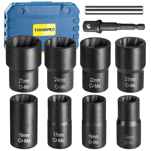 THINKPRO 10 PCS Bolt Nut Extractor Set, 1/2-Inch Drive Lug Nut Remover Socket Tool, Easy Out Bolt Extractor Set for Damaged, Frozen, Studs, Rusted, Rounded-Off Bolts & Nuts Screws THINKPRO 10 PCS Bolt Nut Extractor Set, 1/2-Inch Drive Lug Nut Remover Socket Tool, Easy Out Bolt Extractor Set for Damaged, Frozen, Studs, Rusted, Rounded-Off Bolts & Nuts Screws
