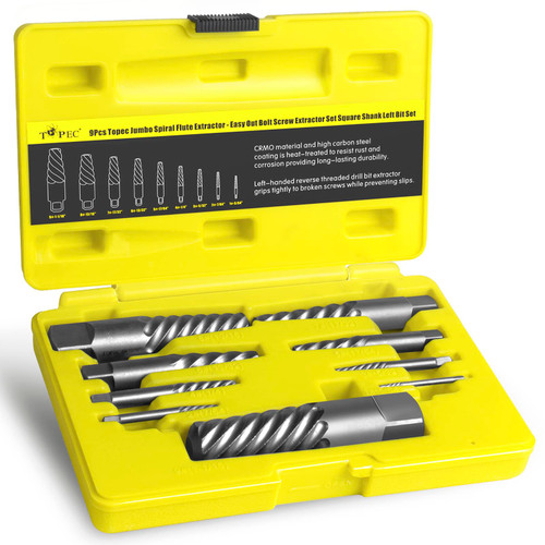 Topec 9 Piece Jumbo Spiral Flute Extractor -Easy Out Bolt Screw Extractor Set Square Shank Reverse Bit Set for Removing Broken Screws, Bolts, and Studs with Reverse Drill Bit Extractor Set