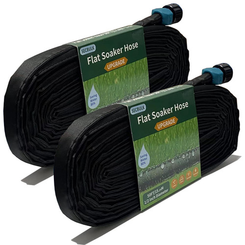 Secbulk Flat Soaker Hose for Garden Beds 20 50 100 150 ft, 100" Linkable Drip Irrigation Hose Save 80% Water, Leakproof Watering Hose with Holes
