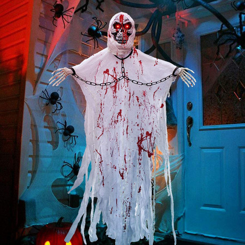 Halloween Hanging Ghost Decorations, 63" Hanging Skeleton Decorations with Glowing Eyes & Creepy Sounds Halloween Haunted House Props Scary Decor Hanging Animatronics Prop for Party Indoor/Outdoor