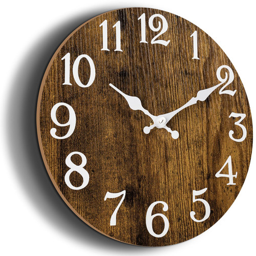 KECYET Battery Operated Kitchen 10 Inch Wood Silent Non Ticking Wall Clock,Vintage Analog Clock for Bedroom, Bathroom, Living Room, Home Office(Brown)