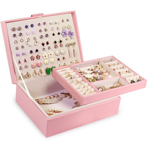 Jewelry Box for Women, Earring Organizer Box Leather Jewelry Organizer Jewelry Storage Boxes, Earrings Jewelry Box Display Multi-layer Jewelry Holder Case for Necklace Earrings Rings Bracelets, Pink