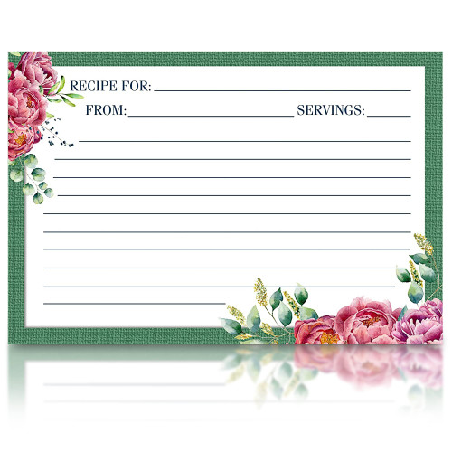 Meadowsweet Kitchens Recipe Card Set - 25 Recipe Cards 4 x 6 Inch, Perfect Size for a Recipe Card Box for Wedding, Bridal Shower Recipe Cards, Make Your Own Recipe Book, Green & Peonies