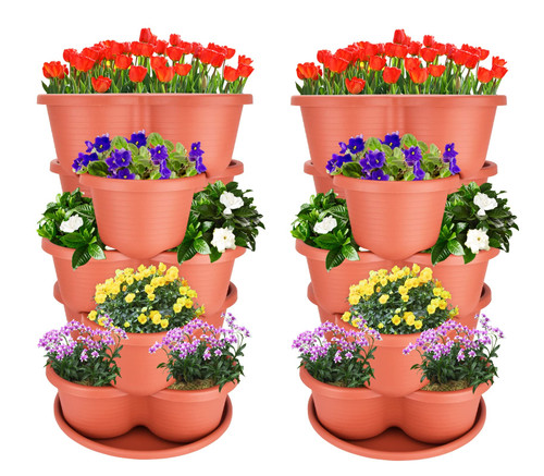 RooTrimmer 2-Pack Stackable Planter Pots, Vertical Garden Planter, Strawberry Planter, Indoor/Outdoor Planters, 5 Tier Garden Tower, Herb Planter for Growing Vegetables and Succulents (Brick Red)