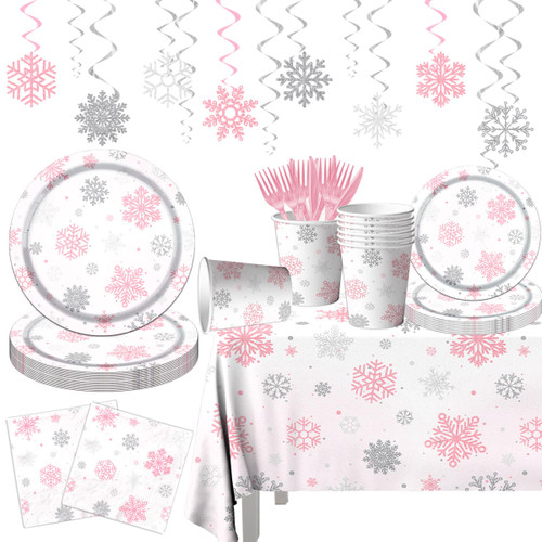 142pcs Christmas Snowflake Tableware Party Decoration Winter Snowflake Pink White Wonderland Theme Disposable Spiral Banner,Tablecloth,Plates,Napkins,Cups,Forks and Knives for Christmas Party Supplies