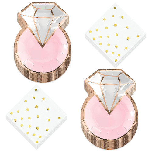 Bridal and Bachelorette Party Supplies - Blush Pink Gold Metallic Diamond Ring Paper Dessert Plates and Beverage Napkins (Serves 16) Bridal and Bachelorette Party Supplies - Blush Pink Gold Metallic Diamond Ring Paper Dessert Plates and Beverage Napkins (Serves 16)
