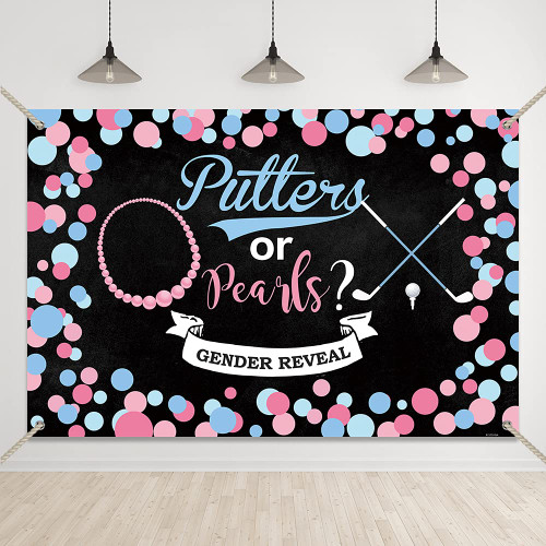 Bellicremas Putters or Pearls Gender Reveal Backdrop Blue and Pink Polka Dots He or She Boy or Girl Baby Shower Party Decorations Newborn Gender Reveal Banner with Copper Grommets
