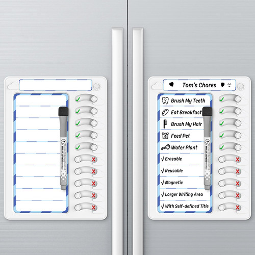 Erasable Chore Chart for Kids Multiple Kids Chore Board ADHD Tools for Kids Task Planning Board with Magnetic Stickers and Markers g with Sliders to Do List Routine Checklist, White and Blue, 2 Pack