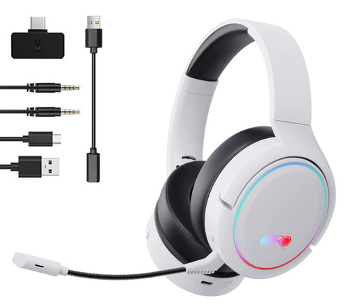 SLuB 2.4GHz Wireless Gaming Headset with Noise Cancelling Microphone, 7.1 Surround Sound, RGB Lights, 20H Playtime Over Ear Bluetooth Gaming Headphone for PC, PS4, PS5, Switch (White)