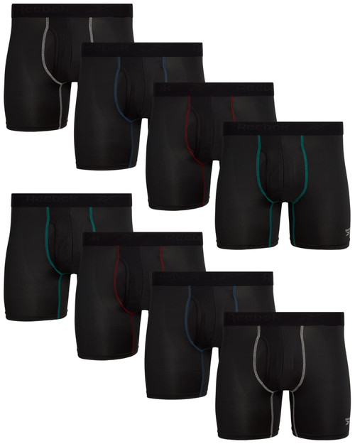 Reebok Men's Underwear - Performance Boxer Briefs with Fly Pouch (8 Pack), Size Medium, All Black With Contrast