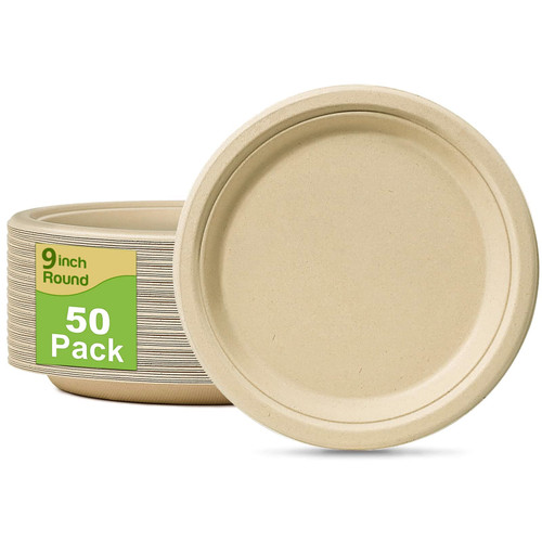 PCIUGXVN 100% Compostable 9 Inch Paper Plates [50-Pack] Heavy-Duty, Natural Disposable Bagasse, Eco-Friendly Made of Sugarcane Fibers-Natural Unbleached Brown 9" Biodegradable Plate