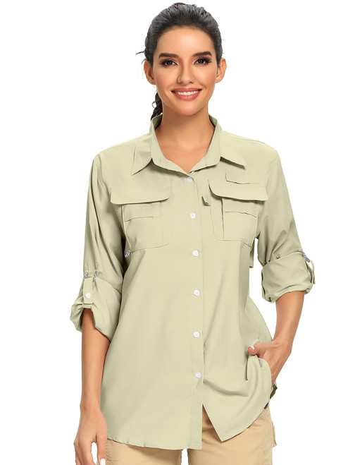 Women's UPF Long Sleeve Fishing Shirts Button Up Hiking Safari Shirts Sun Protection and Quick Dry,Khaki,XXL