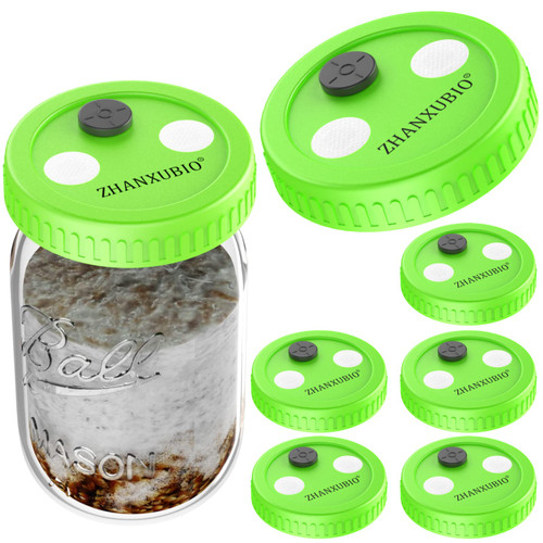 Mushroom Jar Liquid Culture Lid Wide Mouth Rejular Mouth Food Grade Plastic Grain Spawn Cultivation Mason Jar Lid with PTFE Membrane & Self Healing Injection Ports For Mushroom By ZHANXUBIO (86mm Wide Mouth 6pcs, Green with Sticker)