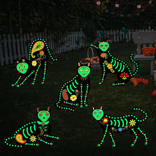Halloween Decorations Outdoor Yard Signs, 5 Pcs Glow in the Dark Skeleton Cat, Halloween Yard Signs with Stakes for Lawn Garden Front Yard Decorations - Halloween Decor Outdoor
