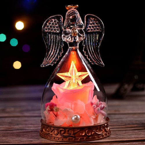 Clheatky Preserved Real Rose in Angel Glass with LED Lights Angel Gifts for Women Mom Grandma Friends on Mother's Day Birthday Anniversary Wedding Valentine's Day Thanksgiving Christmas (Pink-01)