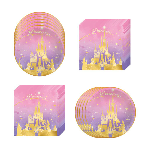 40 Piece Pink Princess Castle Party Supplies ,include 20 Plates, 20 Napkin ,Used for Pink Princess Castle Child Birthday Party Decoration (Pink Golden Castle)
