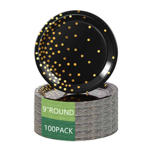 9" Round Disposable Paper Plates White and Gold Dots Paper Plates Dinner Plates,Gold Foil Polka Dots Paper Plates Party Supplies Plates for All Occasions 100 Pack (9" Black and Gold, 9" 100pcs)