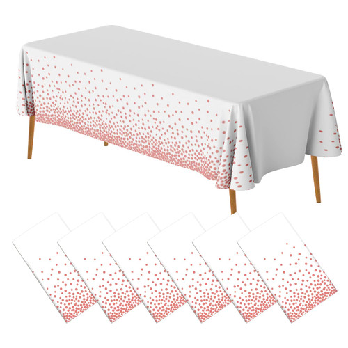 AIRE 6 Pack White and Rose Gold Plastic Tablecloths for Rectangle Tables, Disposable Party Table Cloths, Gold Dot Confetti Table Covers for Birthday, Graduation, Cocktail Parties, 54" x 108"