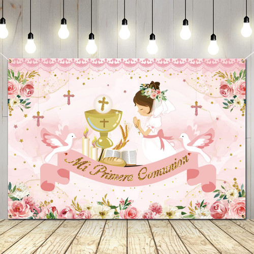 Baptism Decorations-Pink Floral Baptism Backdrop,God Bless Mi Primeria Communion Photo Backdrop Banner for Girls First Communion Baptism Christening Baby Shower Backdrop Baptism Favors
