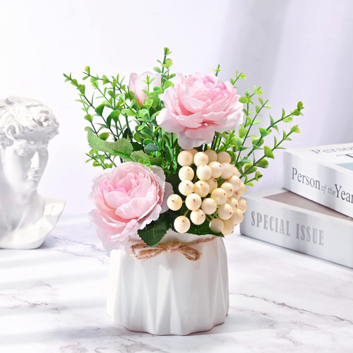 Potted Artificial Flower Arrangements Table Centerpiece Decoration Fake Flowers with Vase Silk Roses Fake Plants Eucalyptus Leaves Berries Flower Arrangements Decorations for Home Pink Rose