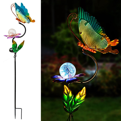HONGLAND Solar Garden Lights, Glass Butterfly Solar Lights Garden Decor Stake, Outdoor Flower Solar Garden Lights Butterfly Yard Art for Pathway Lawn Patio