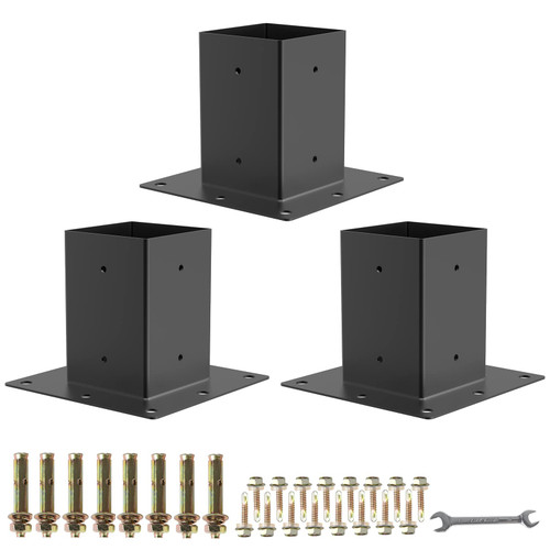 6 x 6 Post Base 3PCS,Inner Size 5.6"x5.6"Deck Post Base,Heavy Duty Metal Black Powder Coated Post Brackets,for Mailbox Post Deck Supports Porch Railing Post Holders