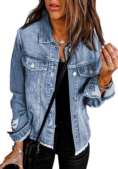 Necooer Ripped Distressed Boyfriend Raw Hem Vintage Jean Jacket Women Long Sleeve Denim Jacket Coat (X-Large,B-Light Blue)